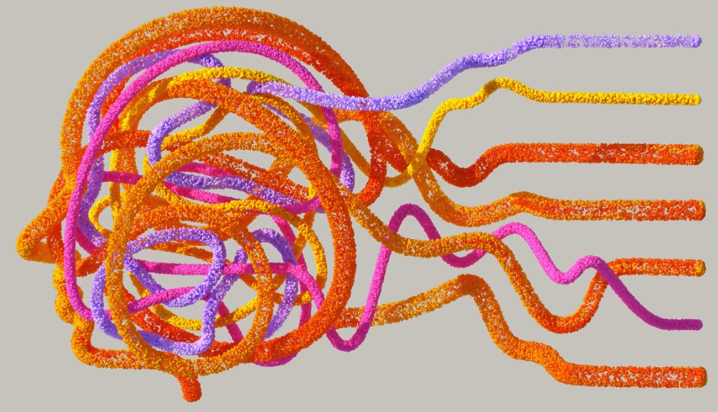Abstract illustration of looping, tangled strands resolving into ordered lines